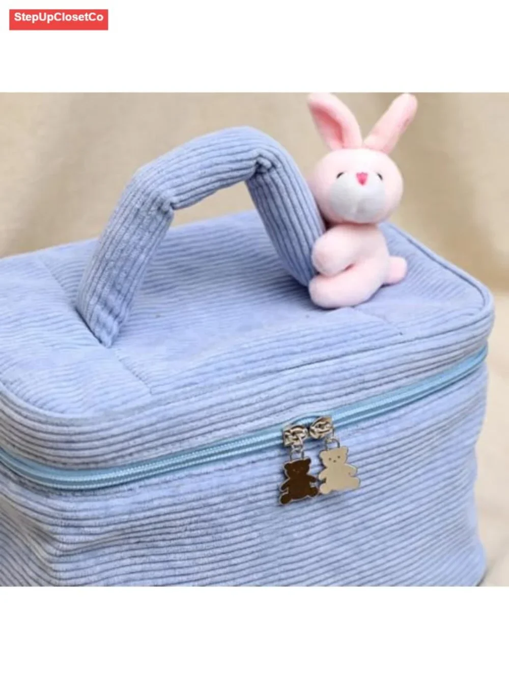 Cute Corduroy Makeup Bag with Bear Charm, Large Cosmetic Organizer, Travel